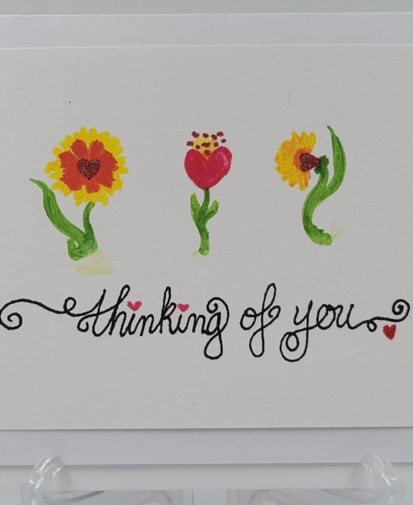 3 flower Thinking of You Blank greeting card